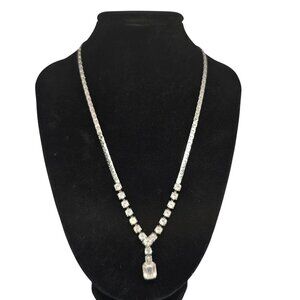Vintage Rhinestone Y Drop Necklace Silver Tone Square Cut Bridal Prom 1950s